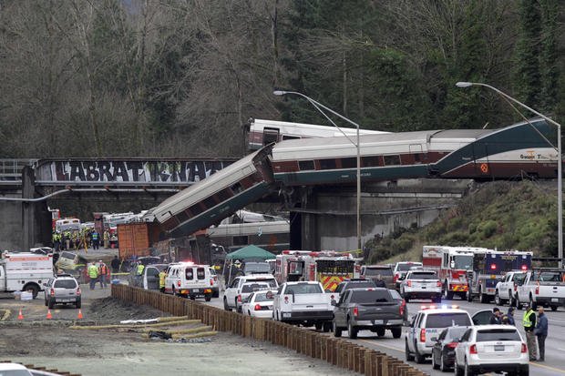 The scene where an Amtrak passenger train derailed in DuPont 