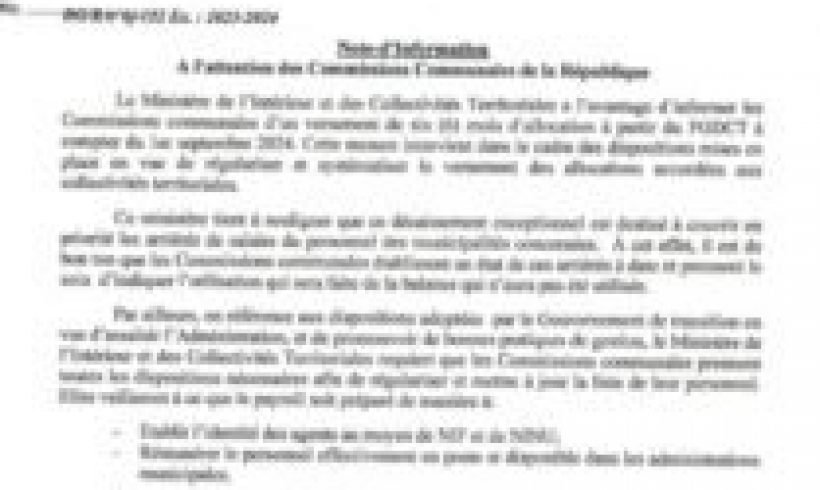 Versement de six mois d’allocations aux Commissions Communales : Une Initiative du Ministère de l’Intérieur et des Collectivités Territoriales (MICT)