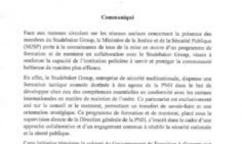 Le Ministère de la Justice et de la Sécurité Publique collabore avec le Studebaker Group pour renforcer les capacités de la Police Nationale d’Haïti