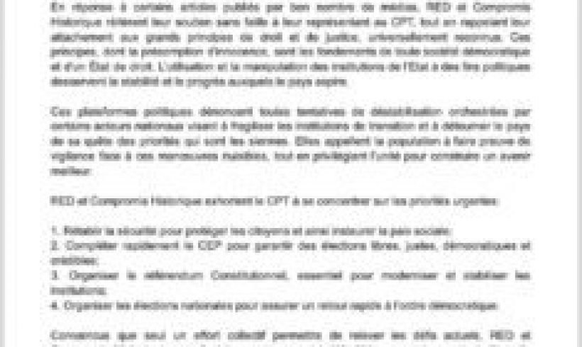 RED et Compromis Historique réitèrent leur soutien à Smith Augustin et appellent à l’unité nationale